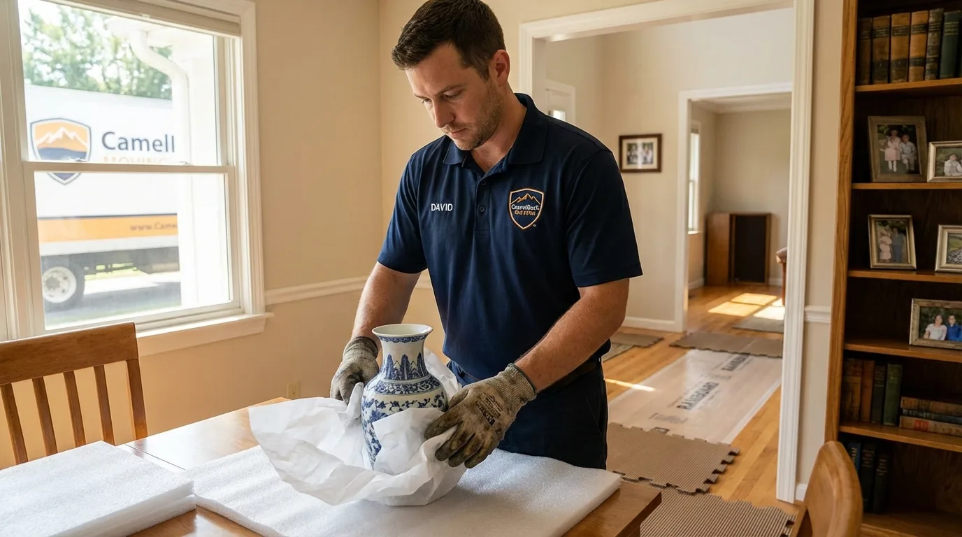 Professional crew carefully wrapping antique vase for senior downsizing move in Yanceyville, NC